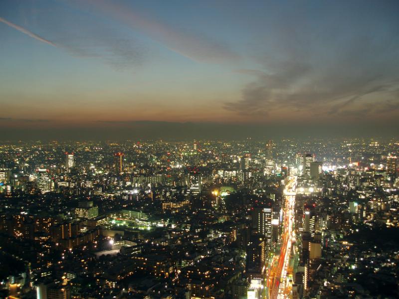 a spectacular view of tokyo at night, colourful lights and a dusky sky