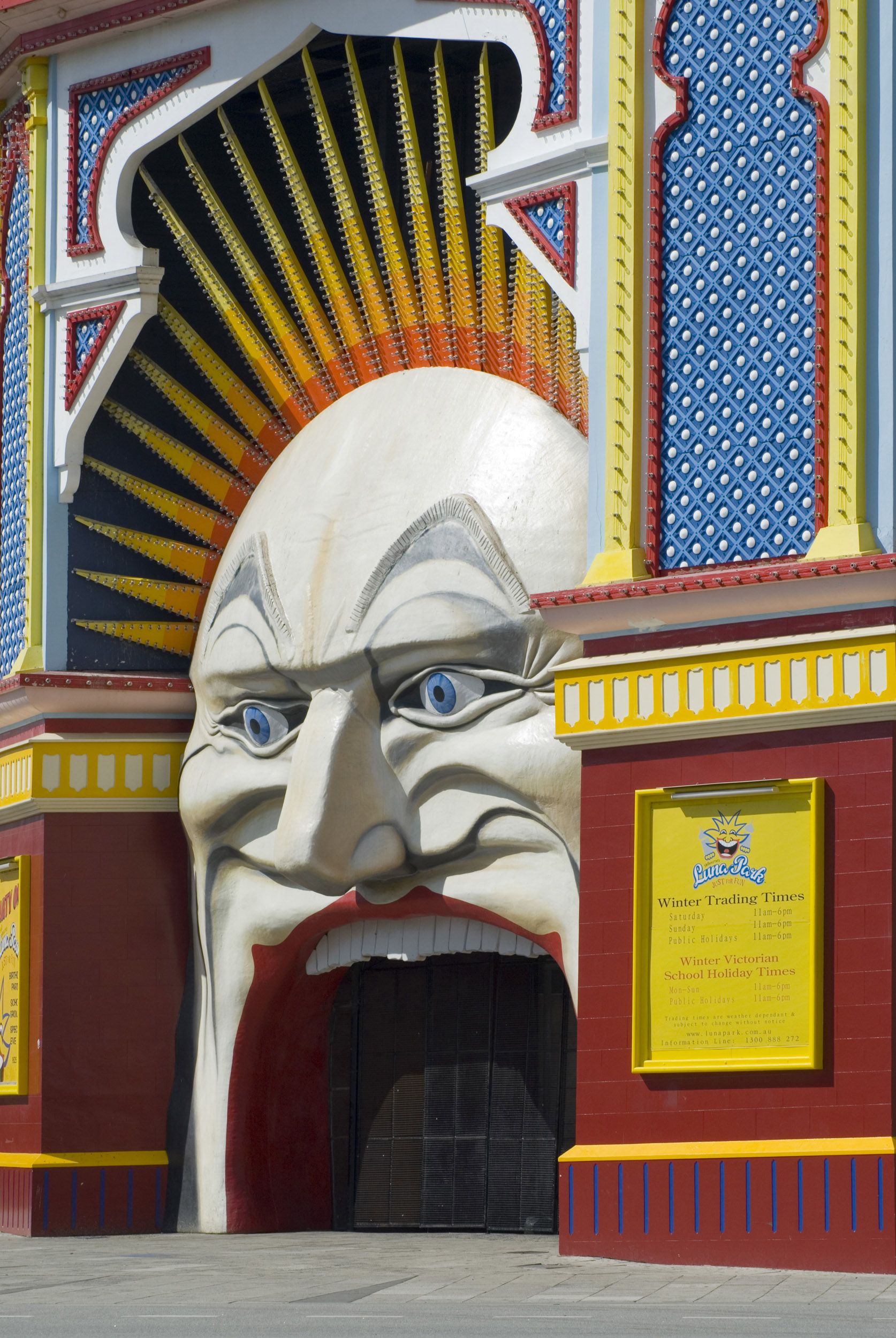 an image of The colourful clown mouth entrance to Luna Park with no people in Melbourne, Australia.