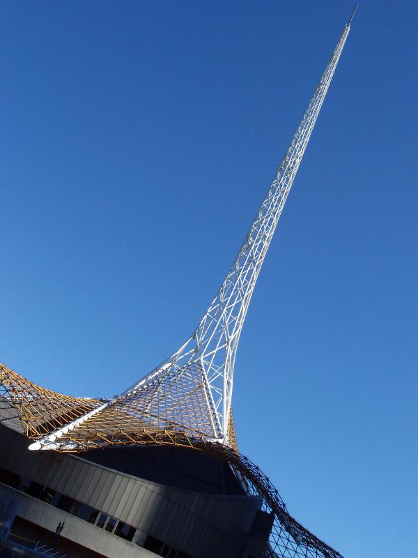 Well Known Arts Centre Structure on south bank, originally known as Victorian Arts Centre, on Lighter Blue Sky Background.