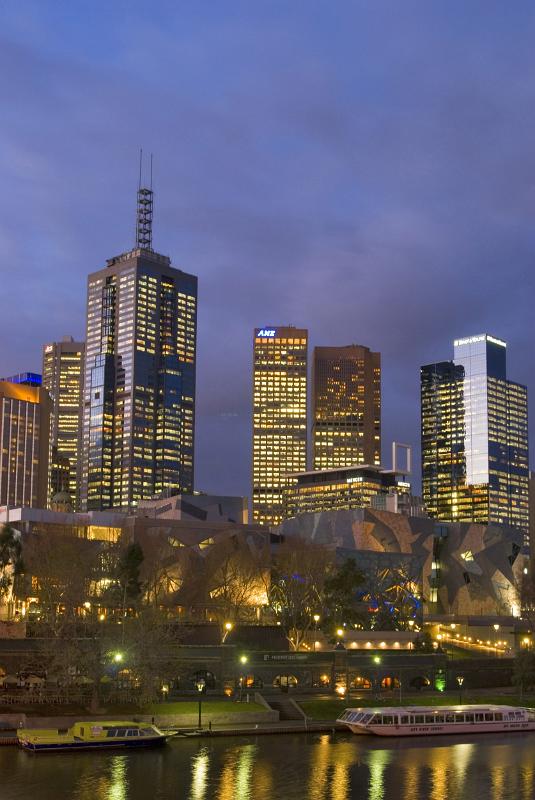 Night cityscape with illuminated skyscrapers in Melbourne, Australia