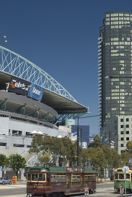 The exterior and city surrounding the Telstra Dome stadium in Melbourne, Australia.