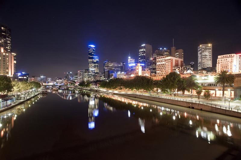 A beautiful view of Melbourne city night lights and the calm, tranquil Yarra river.