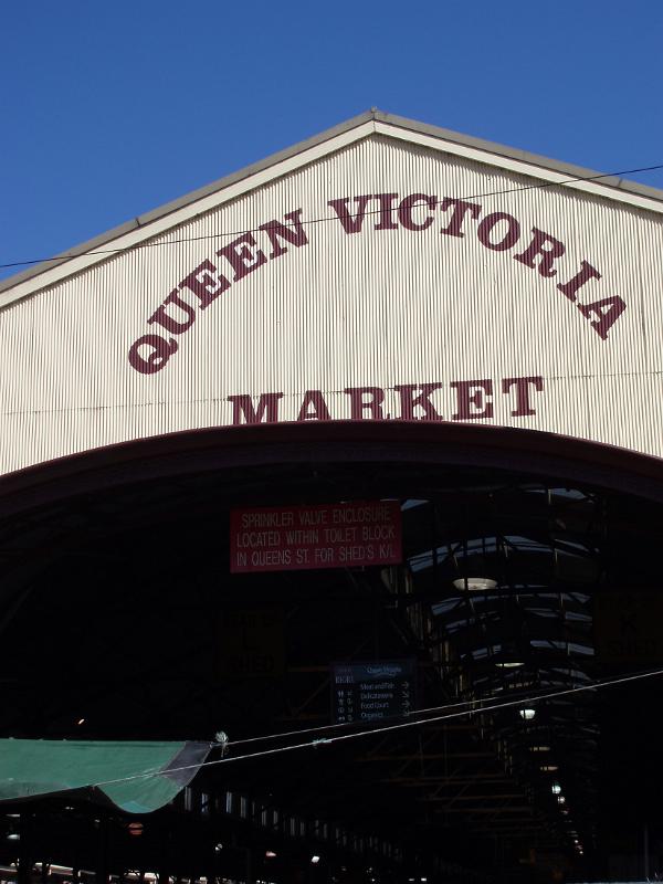 Signage of Famous Queen Victoria Market in Melbourne on Blue Sky Background.