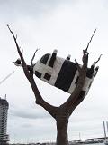 Close up of Famous Landmark of Black and White Cow on an Old Leafless Tree Sculpture in Melbourne Docklands.