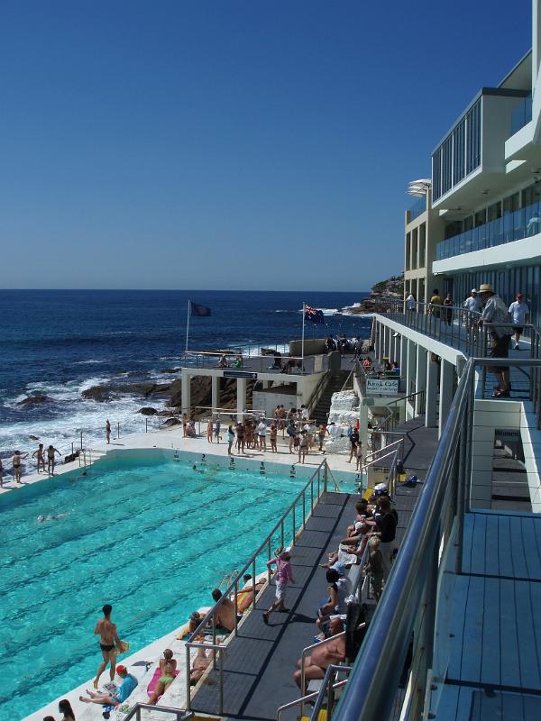 Tourists at Beautiful Tidal Swimming Pool and Sydneys Famous Bondi Beach in Australia. Captured with Blue Sky Background.