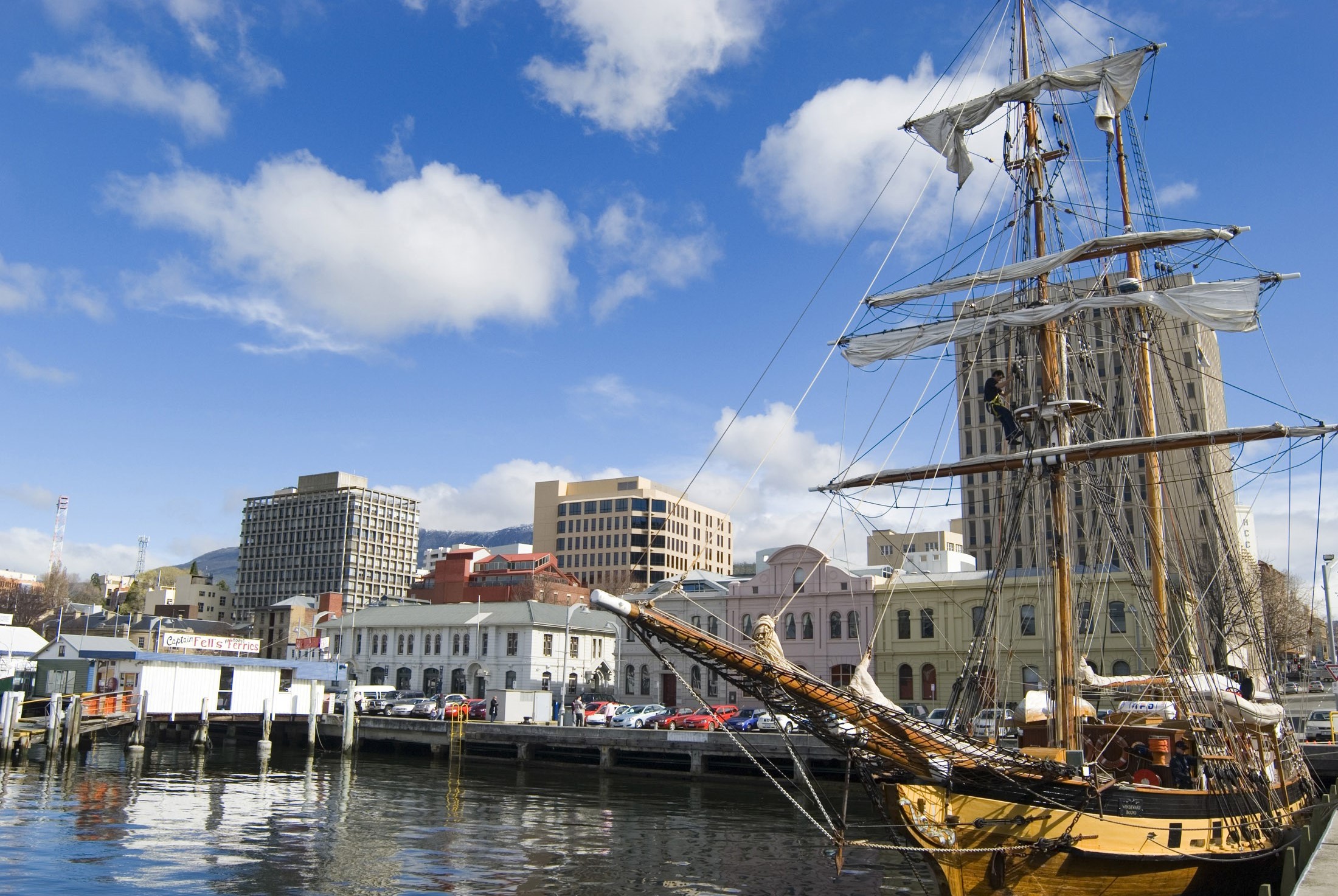 an image of a tall ship in hobarts constitution dock on a sunny winter morning
