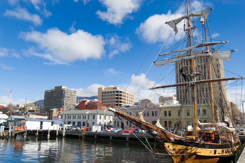 a tall ship in hobarts constitution dock on a sunny winter morning