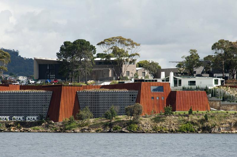 The Mona art gallery building exterior and surrounding river in Hobart, Australia.