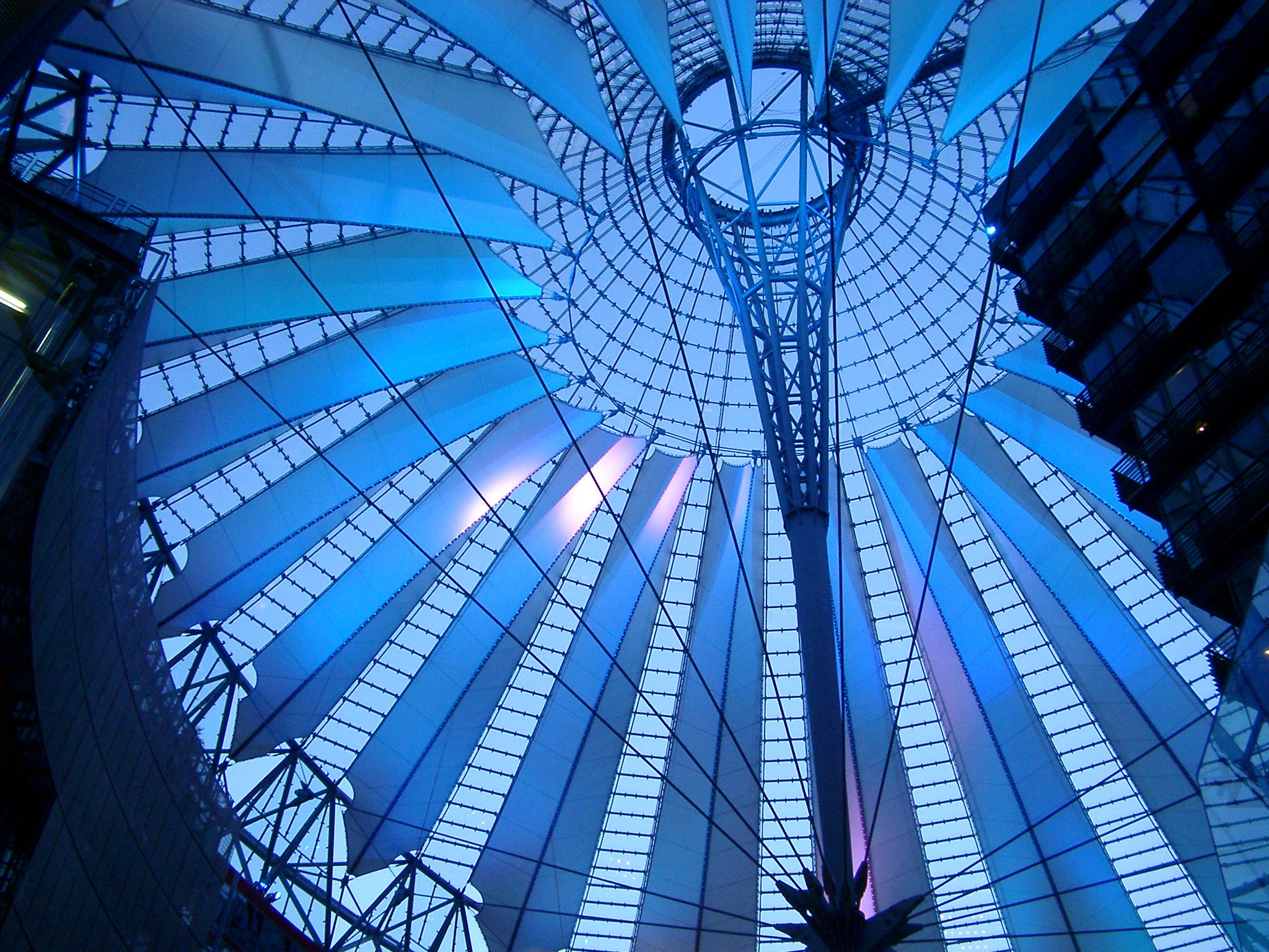 an image of Domed glass roof of the Sony Centre, Berlin viewed from below looking up at the support structure on this modern architectural landmark