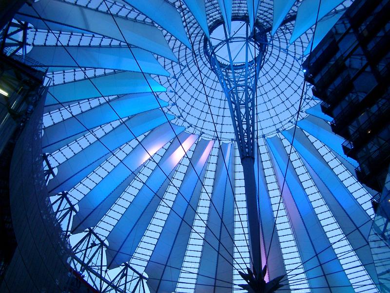 Domed glass roof of the Sony Centre, Berlin viewed from below looking up at the support structure on this modern architectural landmark