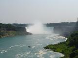 View down the Niagara River of the Horseshoe Falls at the Niagara Falls on the border between Canada and the USA