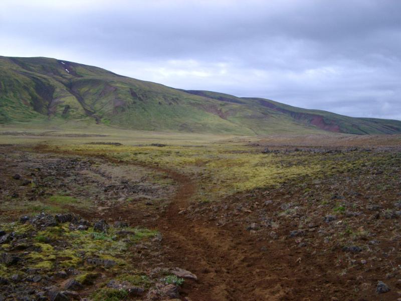 Remote barren landscape in Iceland with path leading through the volcanic earth across the lowland plains towards a mountain range