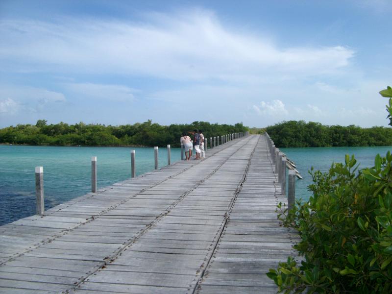 Wooden road bridge in Mexico composed of individual planks crossing a stretch of turquoise blue water with tourists or pedestrians standing in the middle