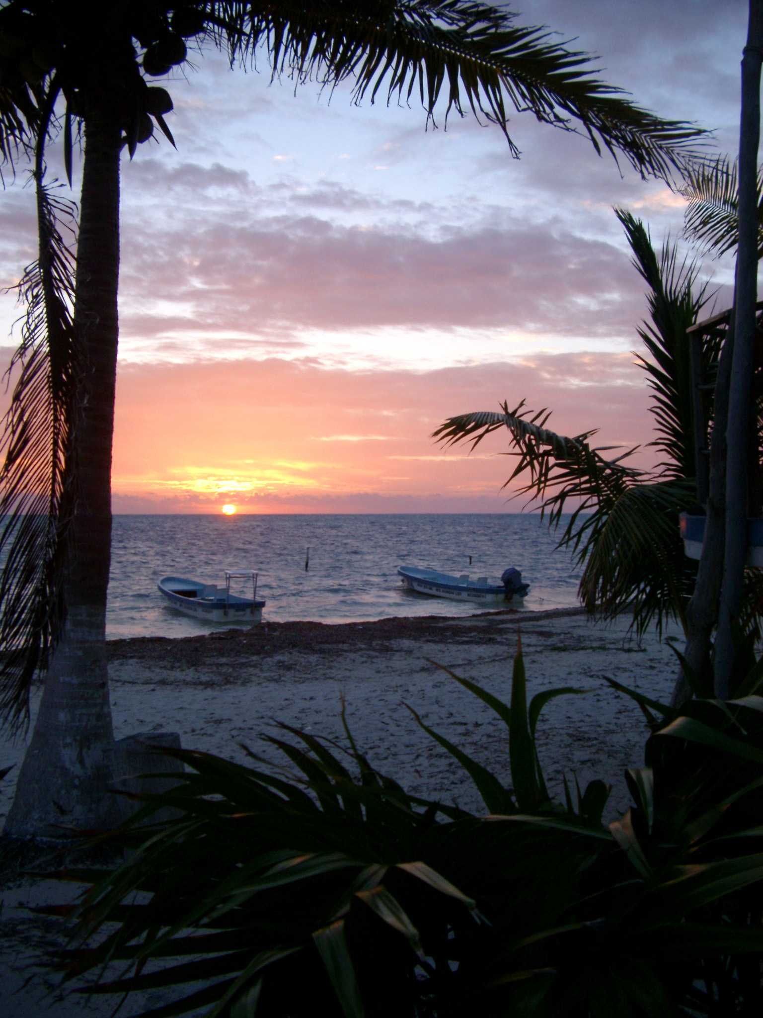 an image of Boats and palms in a colorful Mexican sunset over a tranquil ocean and tropical beach