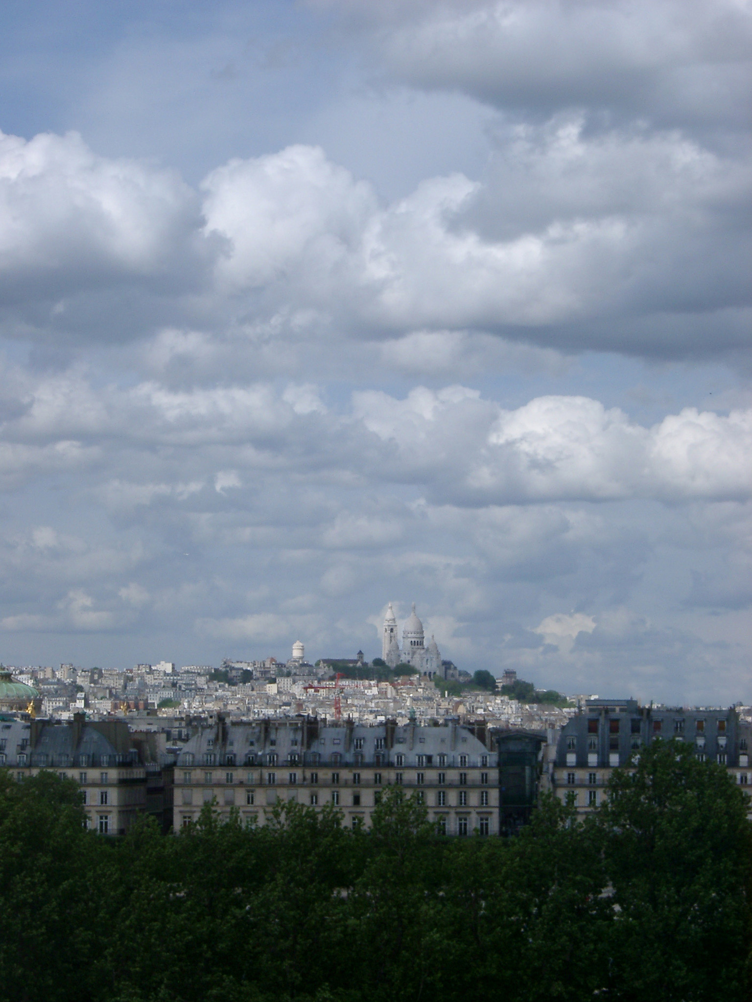 an image of Overview of Basilique du Sacre Coeur and Paris Cityscape with Large Cloudy Sky