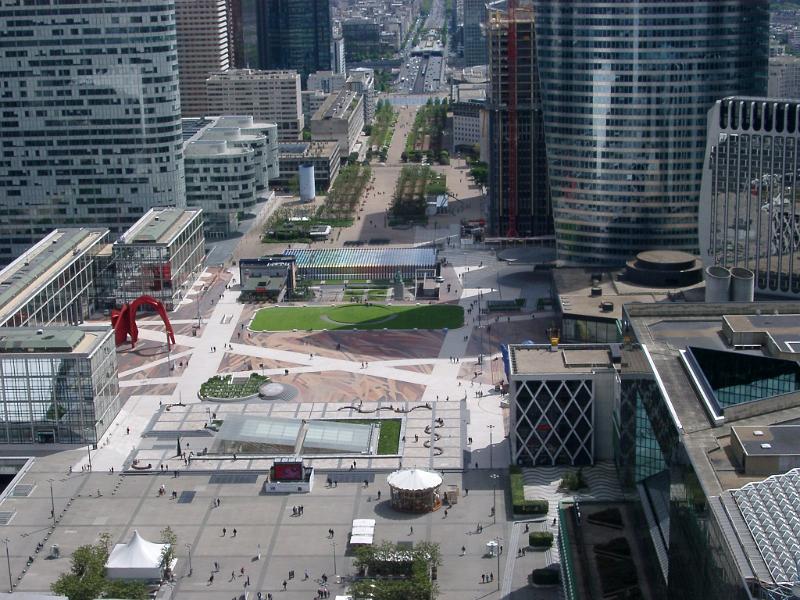 Overview of Central Esplanade in La Defense Business District, Paris, France