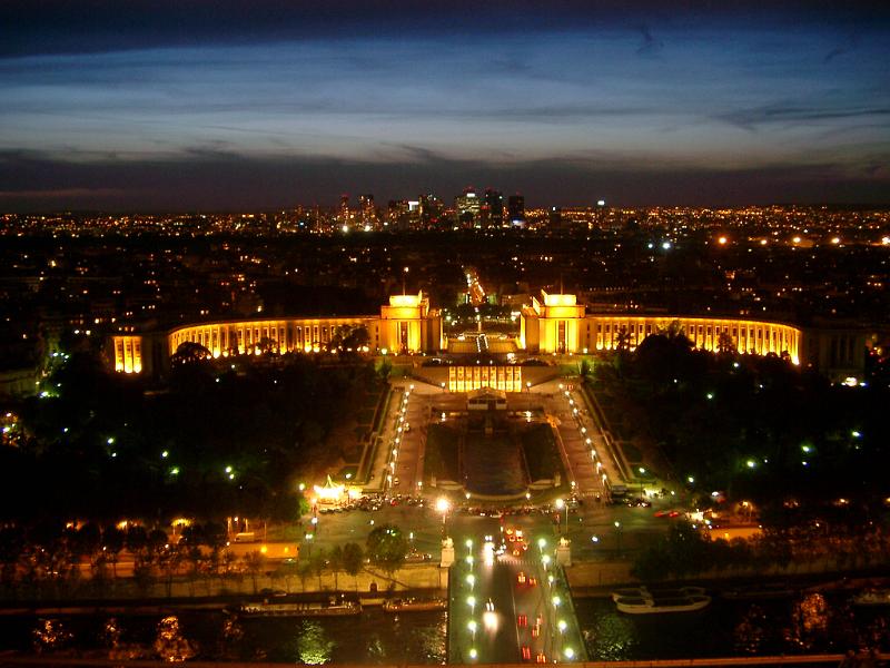 View of Paris Cityscape Lights and Palais Chailot at Night from Eiffel Tower