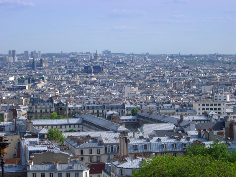 Panoramic view over the rooftops of Paris viewed from butee Montemarte, the highest point in the city