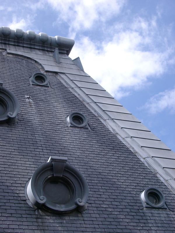 Close up of French Roof Details aginst Light Blue and White Sky Background