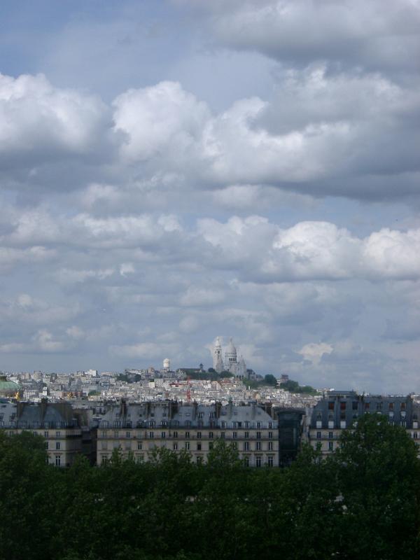 Overview of Basilique du Sacre Coeur and Paris Cityscape with Large Cloudy Sky