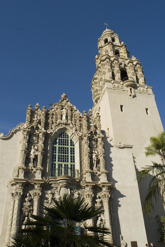 Beautiful Historic Architectural Church at Balboa Park San Diego in Worms Eye View. Isolated on Blue Sky background.
