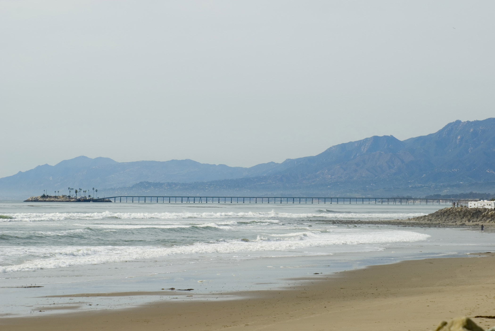 an image of Richfield Pier to Rincon Island off Coast of Rincon Beach, California coast, USA