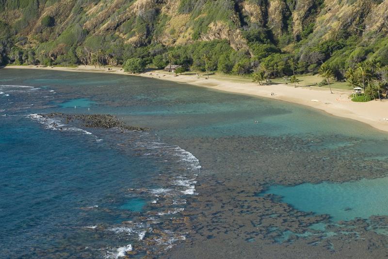 Beautiful Blue Water Hanuma Bay Beach Park Aerial View. Perfect Place for Travel.