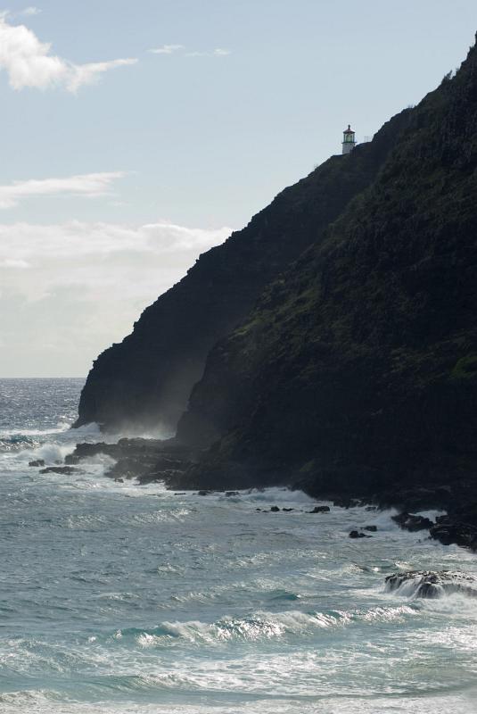 Makapuu Beach View with Vintage Lighthouse on High Hill Afar. Light Blue Sky Above.