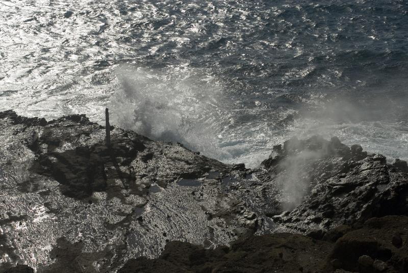 Gray Scale Aerial View Halona Blowhole Beach in Honolulu. The blowhole was formed by a molten lava tube from volcanic eruptions.