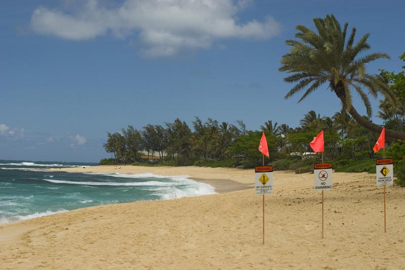 Golden sand and a curving bay fringed with palm trees at Sunset Beach on the Hawaii North Shore on a hot tropical summer day