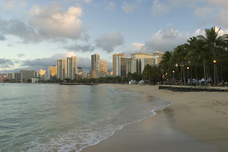 Scenic view of Waikiki waterfront and beach on Oahu Island, Hawaii, USA, a popular tropical tourist destination and surfers paradise