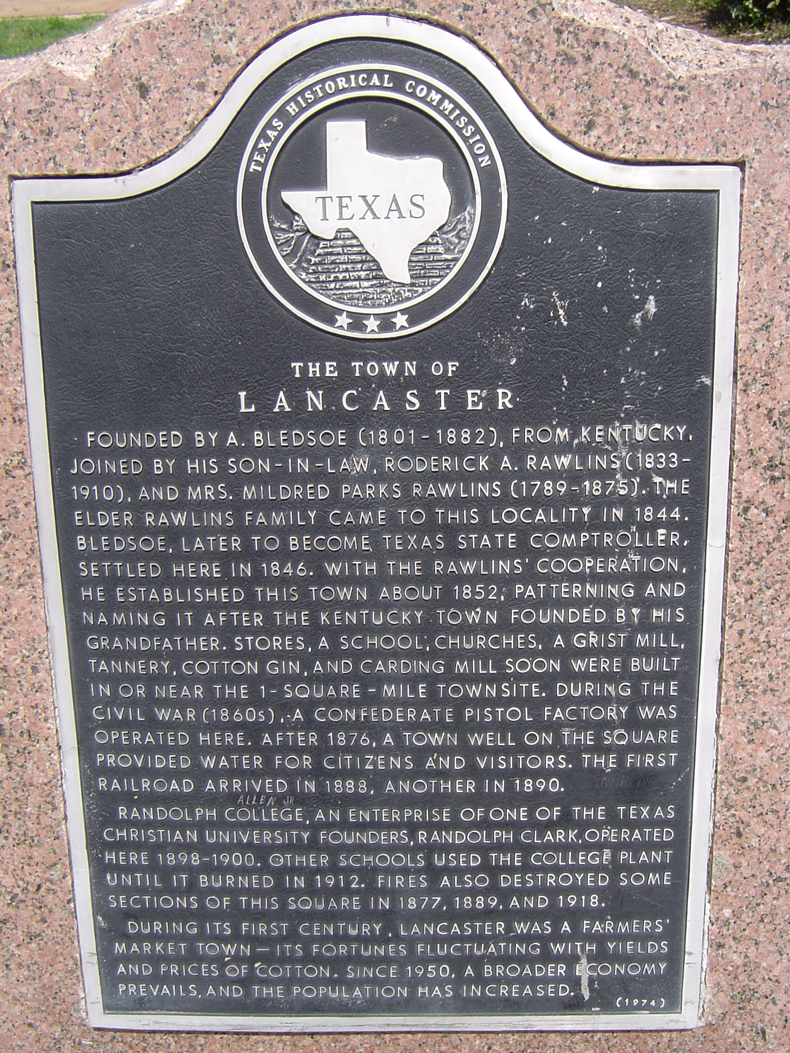 an image of Informational plaque on the town of Lancaster, Texas, USA giving the history of its founding and expansion