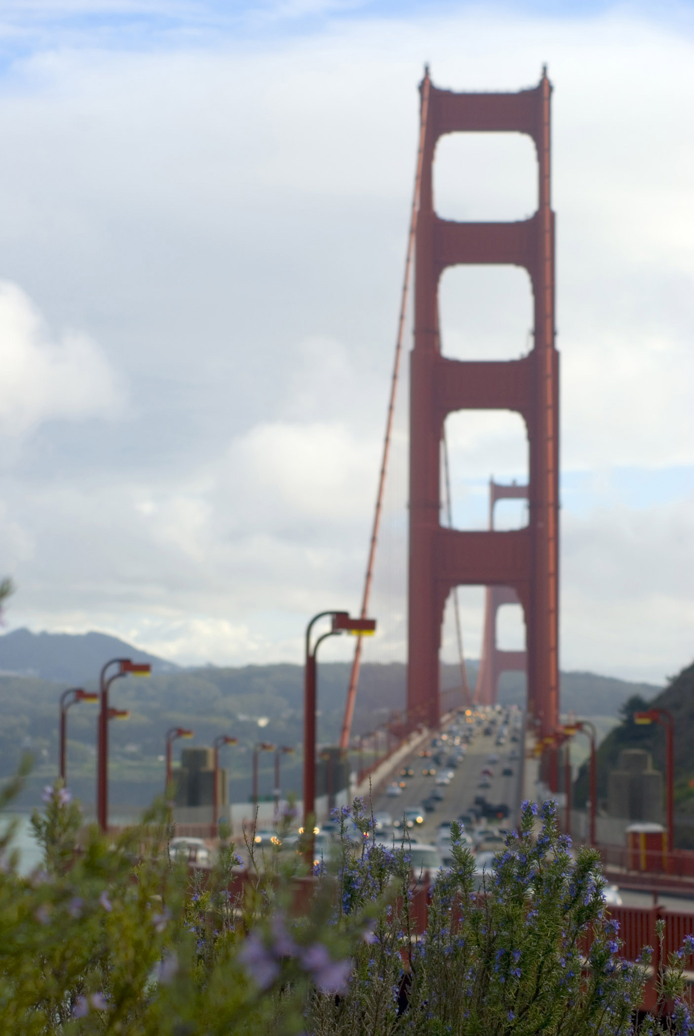 an image of Vehicles Running at Famous Golden Gate Bridge in California. Isolated on White Clouds Background.