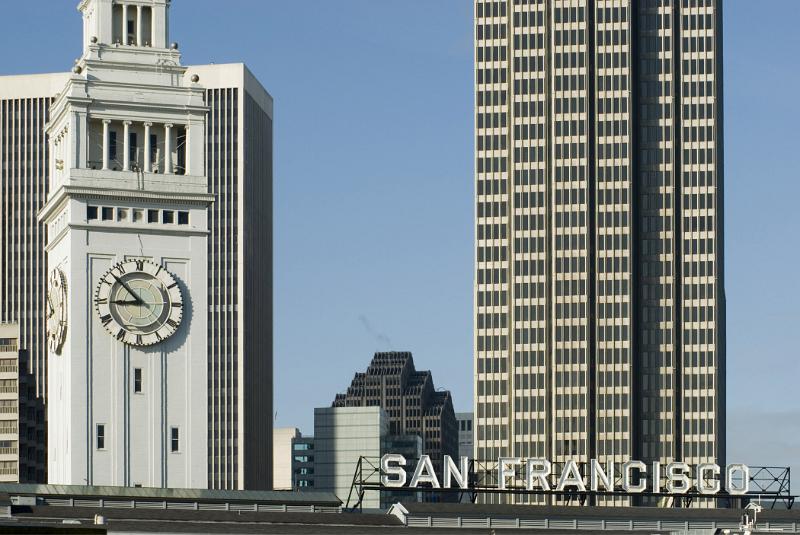 High Rise Architectural Embarcadero Buildings in San Francisco. Isolated on Lighter Gradient Blue Sky Background