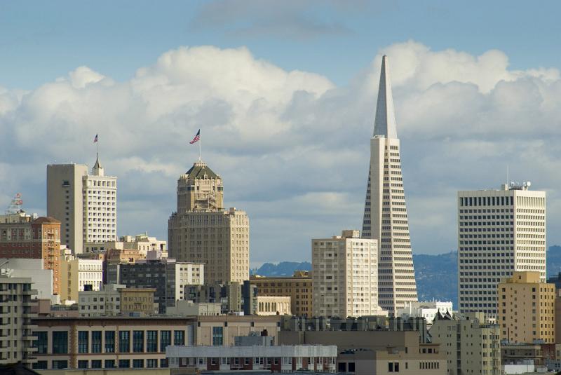 San Francisco city skyline showing the modern architecture, tower, skyscrapers and high-rise buildings of the CBD
