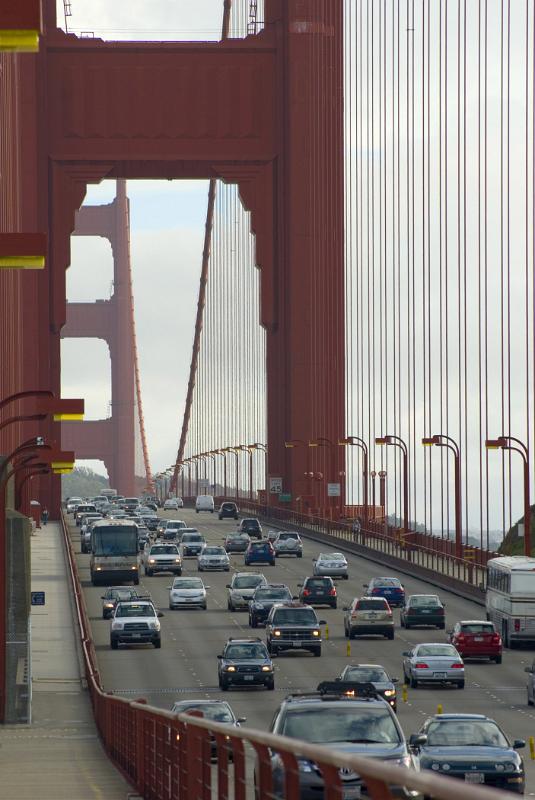 Lanes of traffic on the Golden Gate Bridge Lanes of traffic on the Golden Gate Bridge as commuters and tourists cross San Francisco Bay