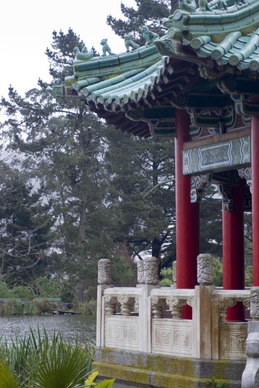 Golden Gate Park Structure Fronting Stowe Lake Vintage Golden Gate Park Structure Fronting Stowe Lake in California. Surrounded by Tall Green Trees.