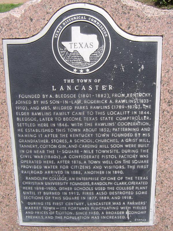 Informational plaque on the town of Lancaster, USA Informational plaque on the town of Lancaster, Texas, USA giving the history of its founding and expansion