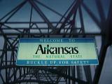 Macro Welcome Arkansas Sign on Interstate 40 West as the Highway Crosses the Mississippi River