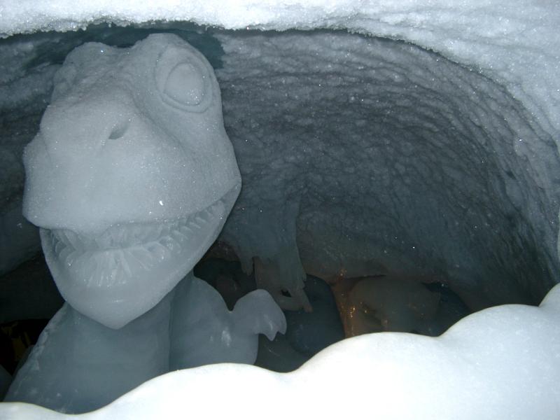 Close up Man Made Snow Dinosaur Sculpture at the Ice Cave.