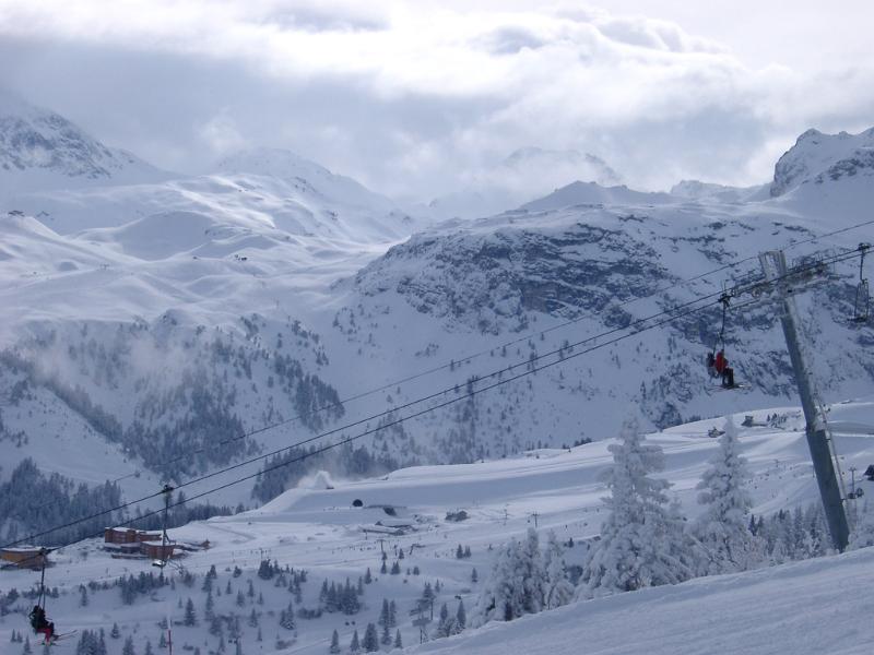 Extensive View of Beautiful Piste for Mountain Sports, like Skiing and Snowboarding, Captured with Cable Cars Passing on Winter Holiday Season.