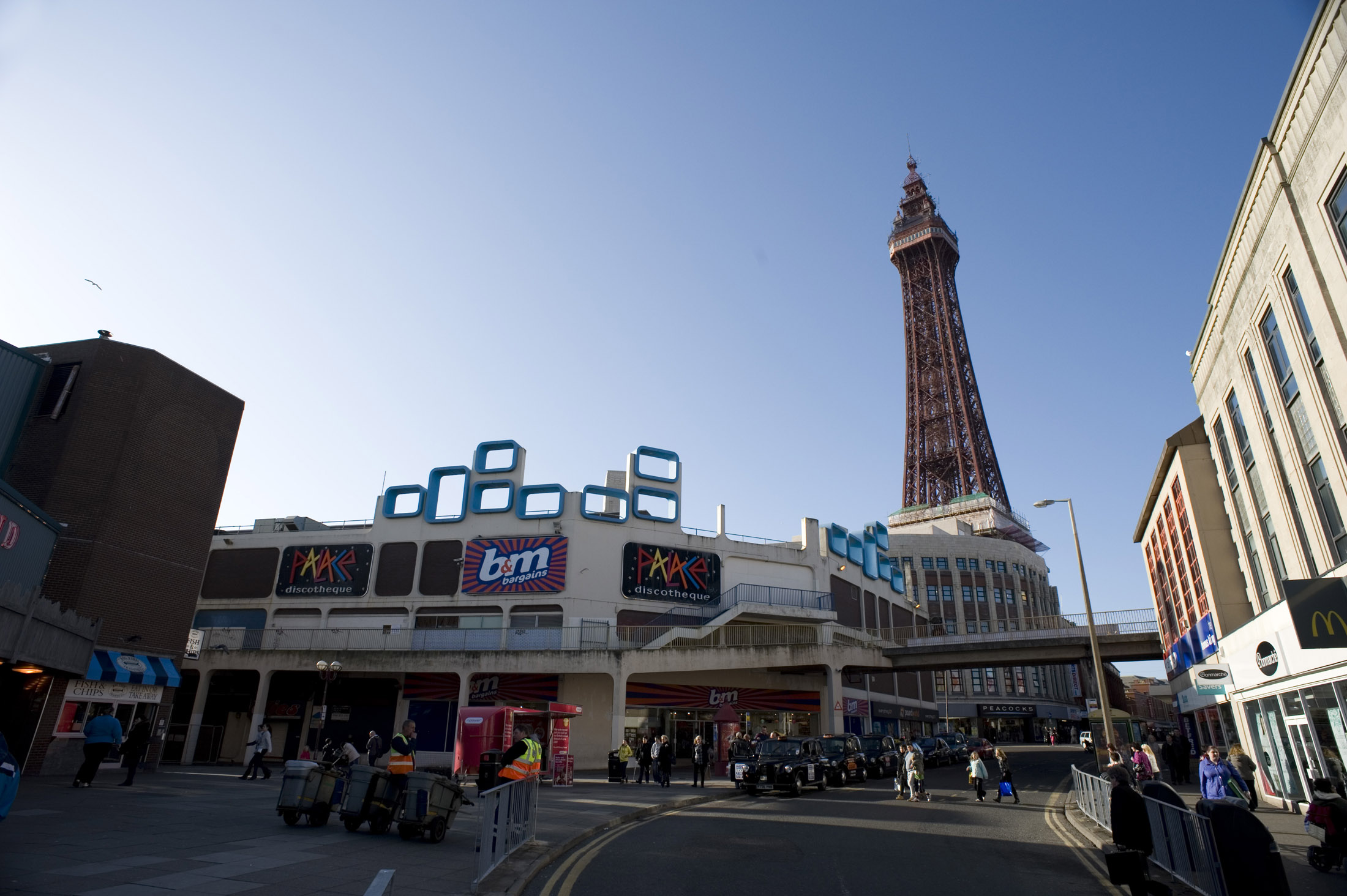 an image of central blackpools shopping district witn the tower in the background
