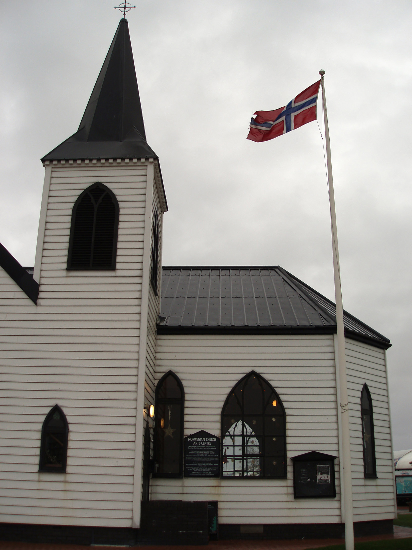 an image of Black and White Architectural Norwegian Church at Cardiff, Wales, a Historic Lutheran Church Building and Formerly a Place of Worship for the Norwegian Community in Cardiff.