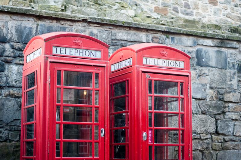 Iconic red UK telephone boxes at edinburgh castle