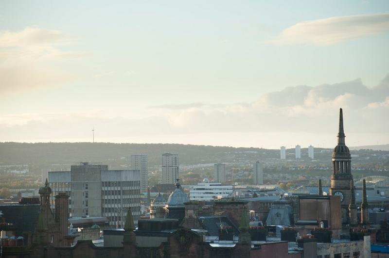 Glasgow skyline with a view over the rooftops of the city on a misty day