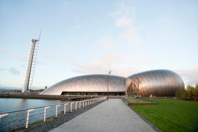 Glasgow Princes Dock Development and the Glascow Science Centre building on the River Clyde which houses exhibitions of scince and technology