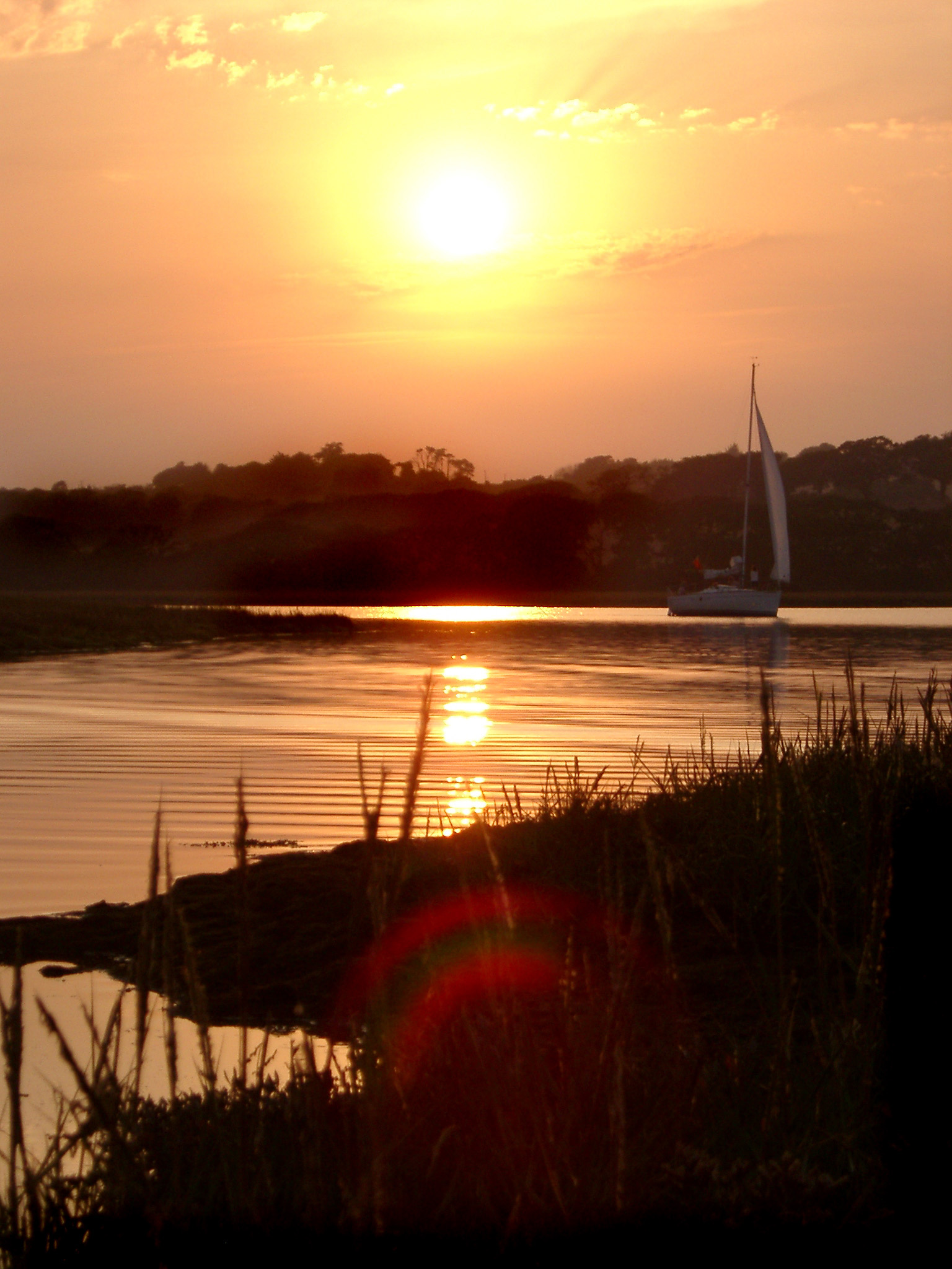an image of Tranquil scene of natural beauty with a sailboat sailing on the River Yar at sunset with the orange sun reflected in the water with sun flare