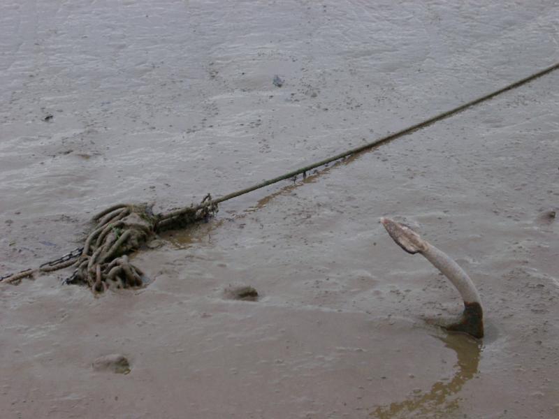 Fluke of an anchor in the mud Fluke of a marine boat anchor with an attached chain and hawser sticking up out of the mud, with copyspace