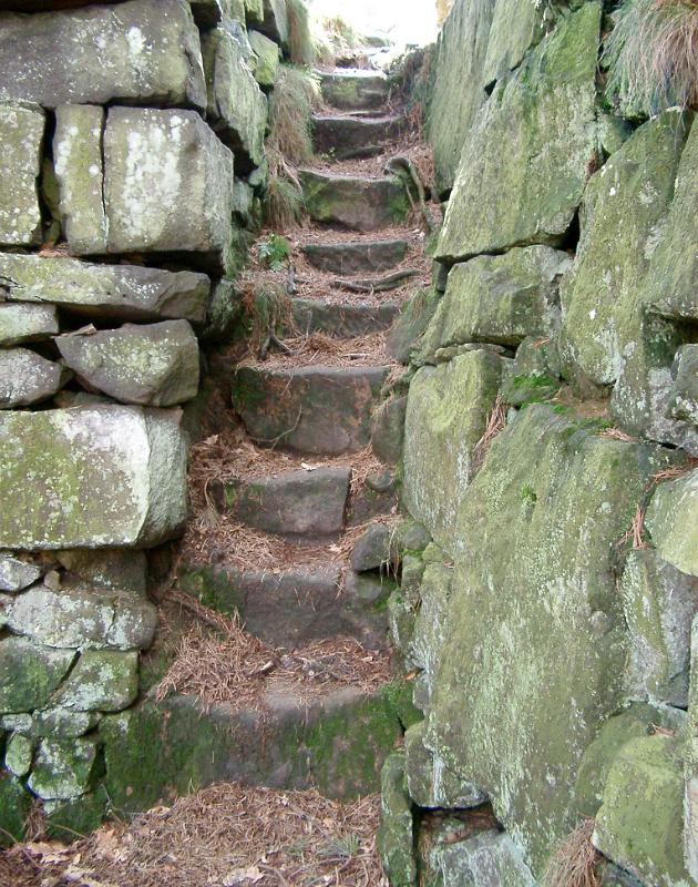 Old narrow natural stone steps Narrow natural stone steps on a footpath leading between two old weathered drystone walls covered in green mold and moss