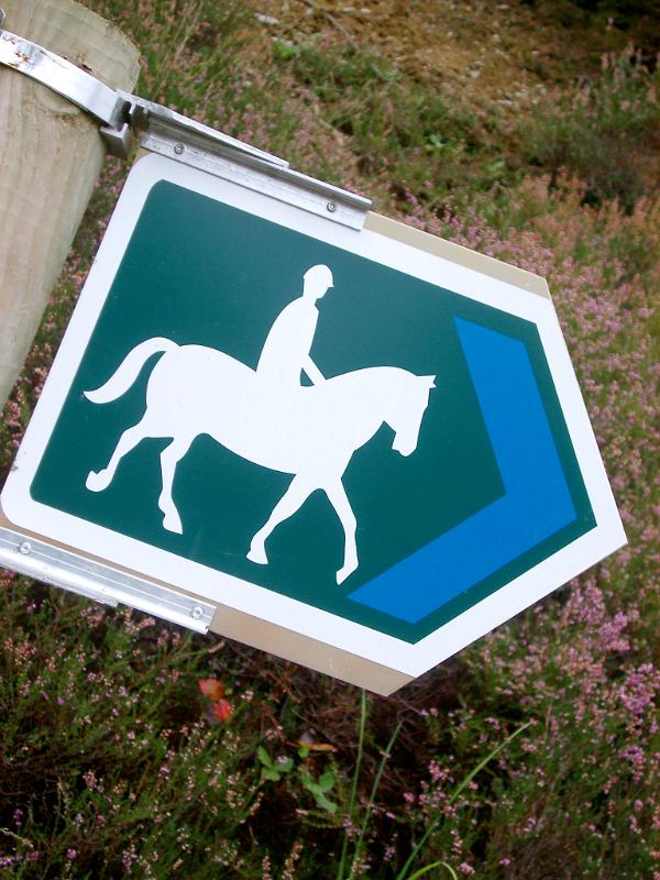 Bridal Path sign with a right pointing arrow and white silhouetted figure of a person on horseback attached to a wooden pole outdoors